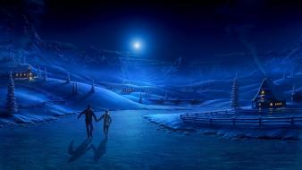 Ice walk houses moonlight christmas wallpaper
