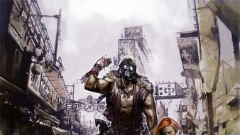 Post-apocalyptic men gas masks fantasy art artwork wallpaper