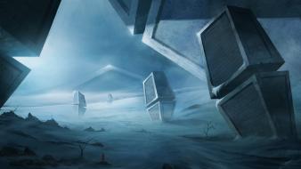 Blue illustrations fantasy art science fiction pyramids wallpaper