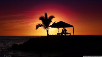 Silhouette summer people palm trees huts sea wallpaper