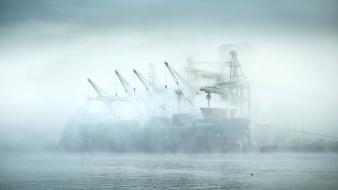Cranes harbours mist port sea wallpaper