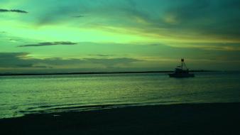 Green sunset landscapes ships seaside sea wallpaper