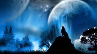 Night animals planets moon silhouettes wolves wallpaper