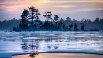 Winter snow trees forests islands lakes reflections wallpaper