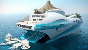 Boats yachts 3d luxury tropical island wallpaper