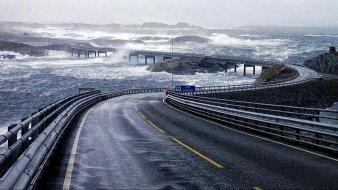 Norway bridges rain roads sea wallpaper