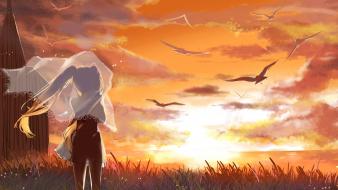 Sunset vocaloid hatsune miku birds grass twintails skies wallpaper