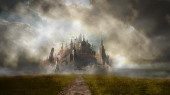 Castle clouds digital art fantasy fog wallpaper