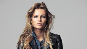 Edita vilkeviciute brunettes green eyes jeans leather jacket