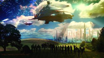 Futuristic fireworks future people spaceships fiction gaia wallpaper