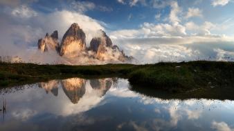 Mountains clouds landscapes nature peaks lagoon mirror water wallpaper