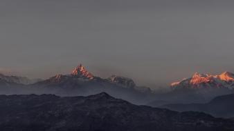 Sunset mountains landscapes nature fog panoramic snowy peaks wallpaper