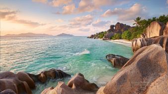 Water ocean nature beach trees cliffs seychelles wallpaper