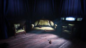 Couch dark chairs curtains bioshock infinite ravens wallpaper