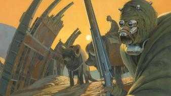 Fiction artwork ralph mcquarrie tusken raiders tatooine wallpaper