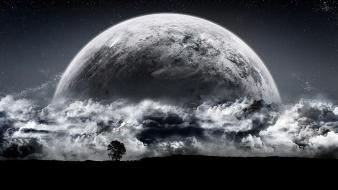 Clouds nature stars moon grayscale skyscapes wallpaper