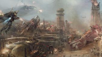 Fantasy art spaceships battles mos eisley gunfire wallpaper
