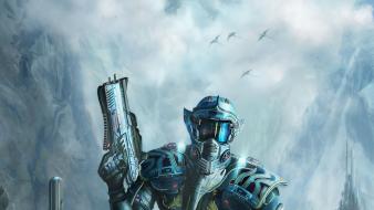 Soldiers guns futuristic combat science fiction wallpaper
