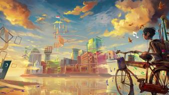 Boy bike music fantasy art wallpaper