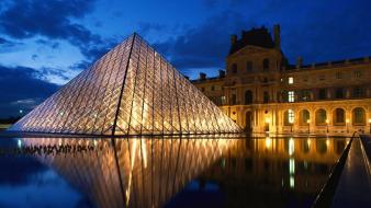 Cityscapes france buildings pyramids fountain le louvre wallpaper