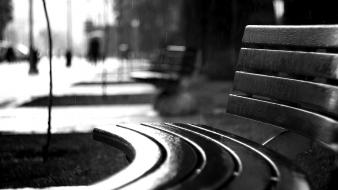 Rain urban bench grayscale blurred background wallpaper