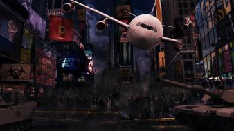 Aircraft cityscapes zombies new york city apocalyptic wallpaper