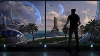 Moon futuristic lights planets science fiction wallpaper
