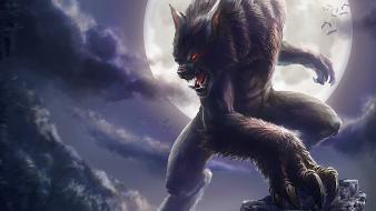 Night moon fantasy art artwork wolves werewolves wallpaper