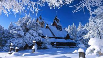 White cold houses seasons buildings church nordic wallpaper