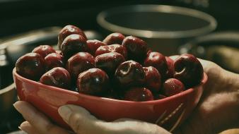 Food hands cherries berries plates wallpaper