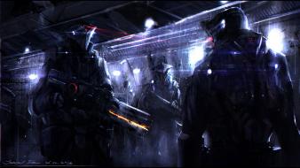 Soldiers guns science fiction warriors red light sci-fi wallpaper
