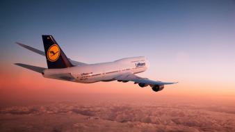 Sunset aircraft aviation lufthansa boeing 747-8i 747-8 wallpaper