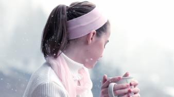 Teen cups sweater ponytails drinking hot tea wallpaper