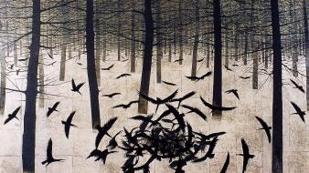 Trees forests artwork ravens matazo kayama wallpaper