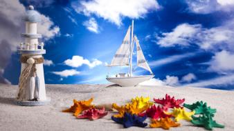 Clouds lighthouses miniature multicolor sailboats wallpaper