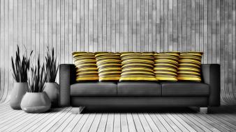 Couch yellow pillows selective coloring wallpaper