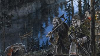 Forests vikings axes artwork warriors medieval rivers nordic wallpaper