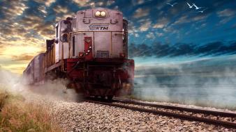 The train clouds landscapes locomotives machines wallpaper
