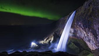 Cliff iceland nocturnal seljalandsfoss falls aurora borealis wallpaper