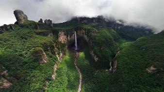Clouds landscapes nature trees cliffs waterfalls rainforest wallpaper