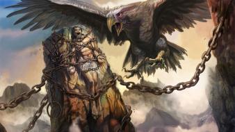 Rocks eagles fantasy art prometheus chains greek mythology wallpaper