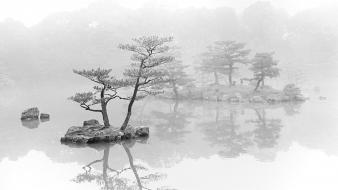 Landscapes nature trees fog islands kyoto lakes mystical wallpaper