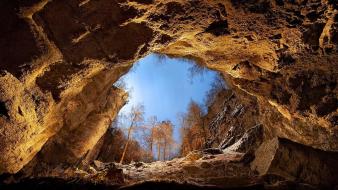 Landscapes nature trees window cliffs cavern wallpaper