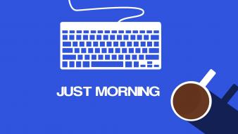 Minimalistic coffee keyboards morning blue background wallpaper