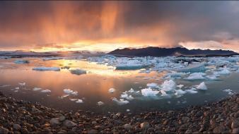 Sunset ice mountains clouds landscapes nature lagoon water wallpaper