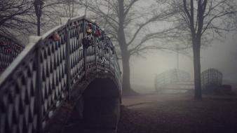 Trees fog mist bridges wallpaper