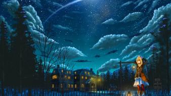 Clouds night stars forests pixiv fantasia sky wallpaper