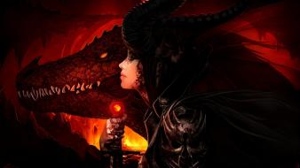 Dragons fire lava horns fantasy art swords wallpaper