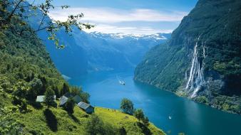 Forests hills norway silent fjord snowy peaks wallpaper