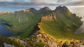 Islands moss lakes lofoten ridge sea upscaled wallpaper